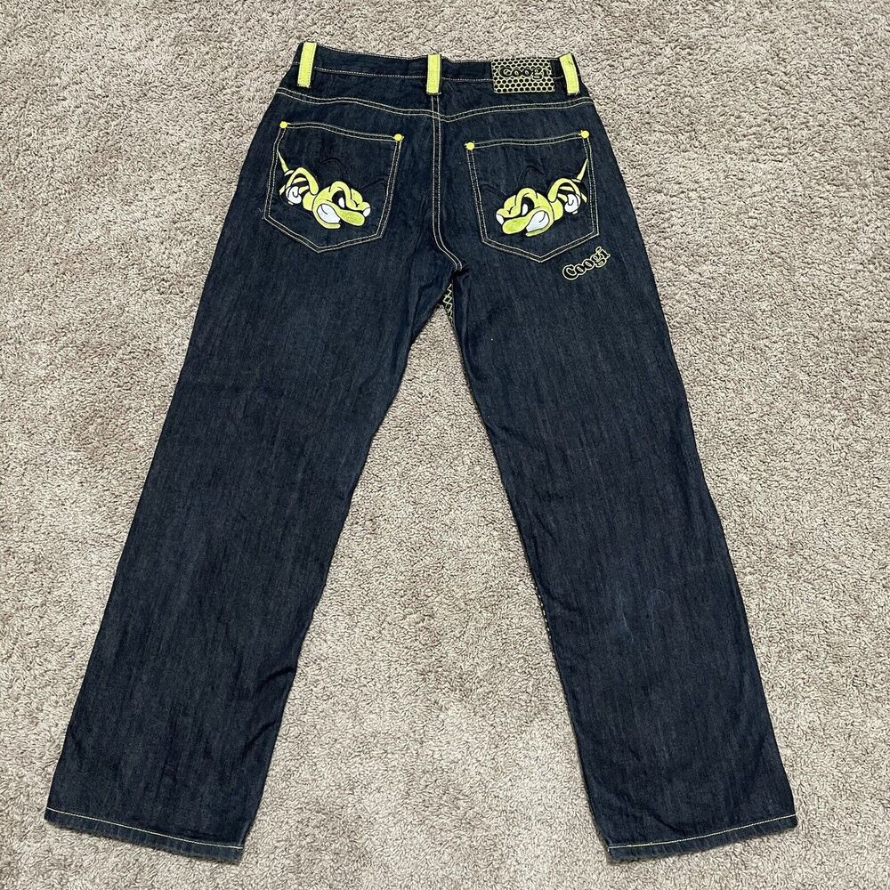 Coogi Jeans Mens 34x33 Dark Wash Denim Wide Leg Yellow Hornet Embroidered Y2K